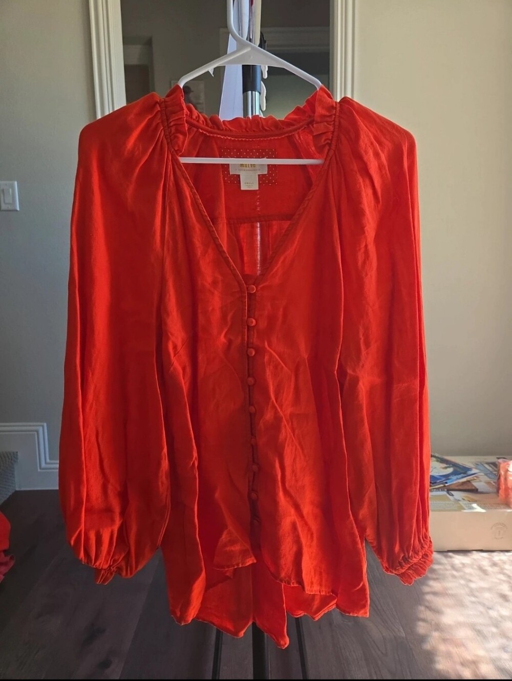 Anthropologie Vibrant Red Button-Front Peasant Blouse- 100% Linen